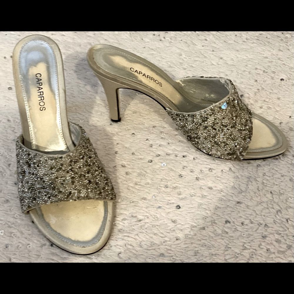 Silver open toe heels Size 7